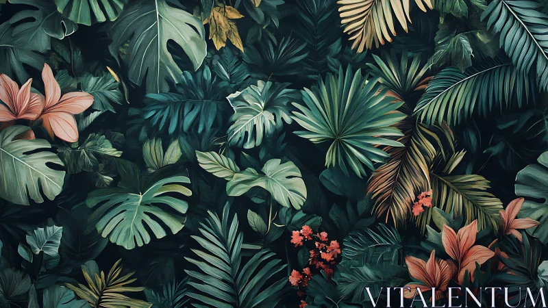 Dense tropical foliage pattern with assorted broad leaves.