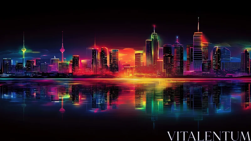 Neon city skyline with vivid reflections on calm water.