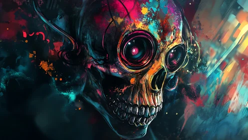 Neon cyber skull with glowing lenses amid chaotic strokes.