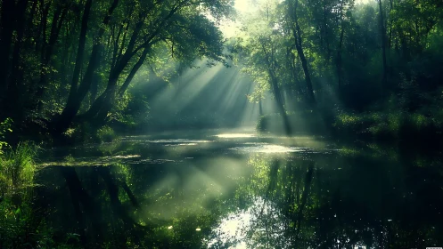 Tranquil forest pond with sunbeams streaming through trees, natural style.