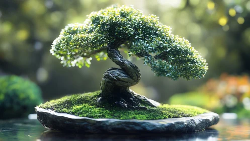 Sunlit bonsai guardian curling over a mossy stone island.