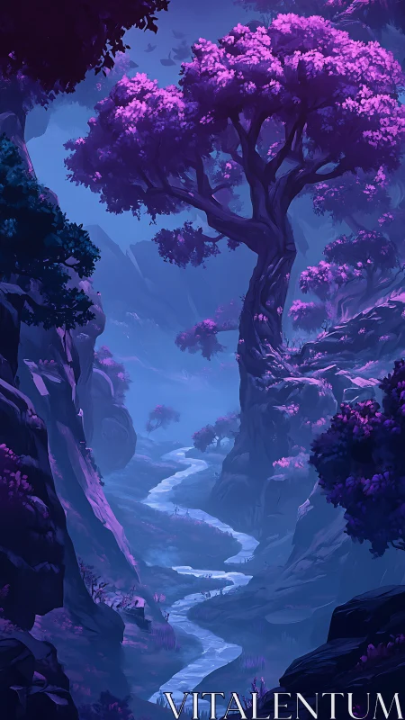 Twisting river flows through violet forest canyon at dusk