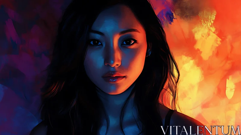 Portrait bathed in dual-tone blue and ember light glow.