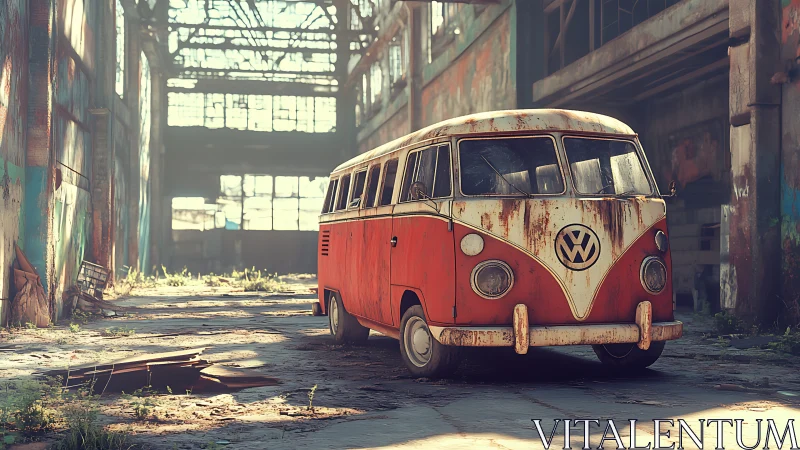 Rust-kissed retro van dreaming in a sunlit factory shell.