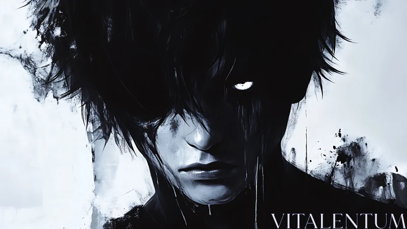 Monochrome portrait of shadowed figure with glowing eyes.