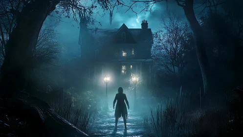 Moonlit orphan walks toward a brooding haunted manor.