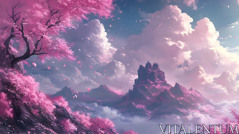 Dreamlike sakura mountains cradle a distant fantasy citadel