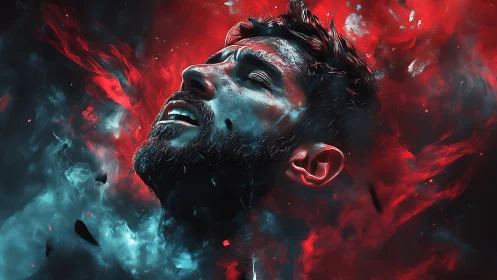 Male head amid red and blue abstract smoke effects in profile.