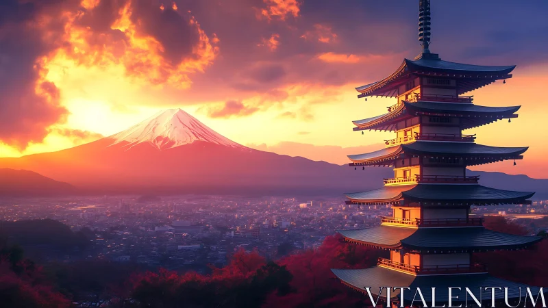 Sunset illuminates five-tier pagoda beside snowcapped Mount Fuji