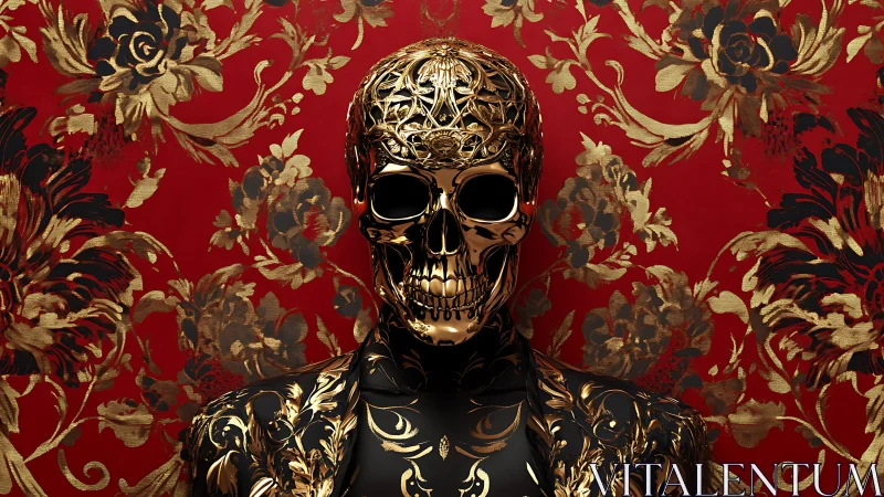 Ornate golden skull figure stands against lush red brocade