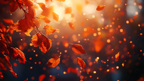 Backlit autumn leaves drift through radiant bokeh haze