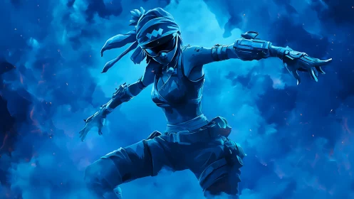 Stealth cyber warrior leaps through glowing blue nebula field