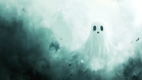 Lonely cartoon ghost drifts through misty teal twilight fog