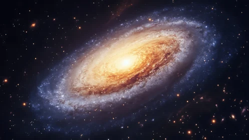 Galactic whirl of starlight swirling in molten gold glow.