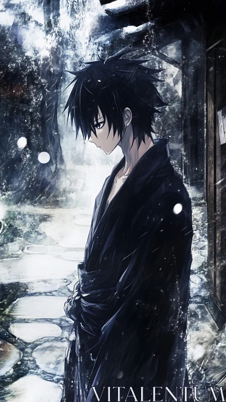 Quiet anime wanderer in soft snowfall and gentle blues.