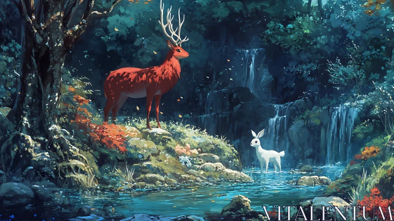 Enchanted red stag and white fawn beside forest waterfalls.