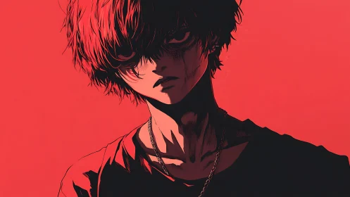 Brooding red-lit youth in high-contrast anime portrait.