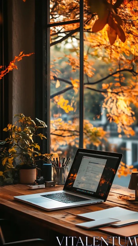 Autumn-lit workspace with laptop by large window overlooking foliage.