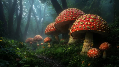 Oversized red mushrooms in dense misty forest setting.