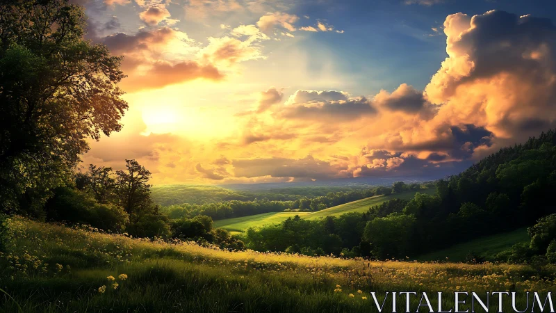 Sunlit meadow dreaming beneath towering golden clouds.