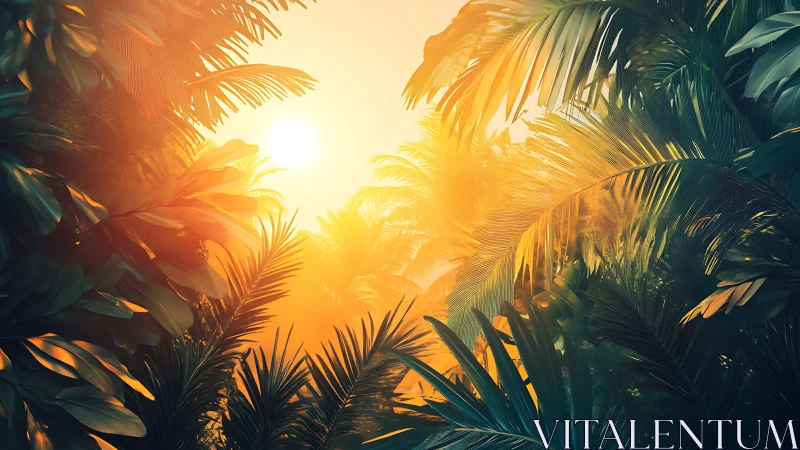 Golden sunrise pours through lush tropical jungle canopies