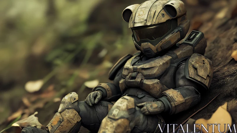 Battle-worn chibi space trooper napping in autumn hush.