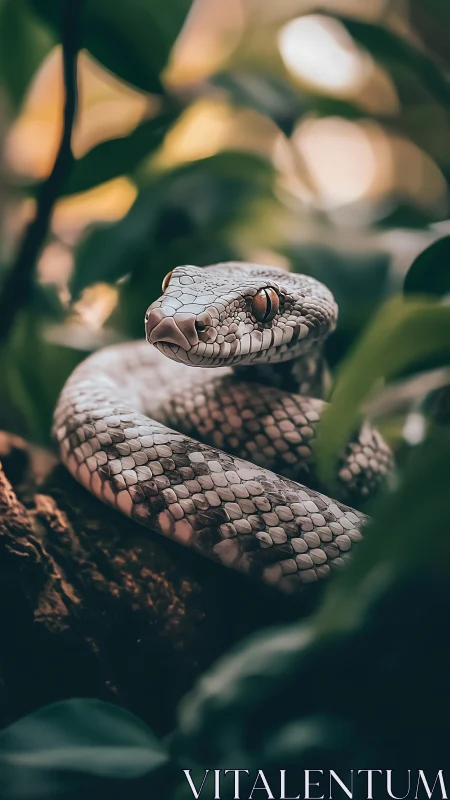 Coiled snake resting on branch in dense green foliage.