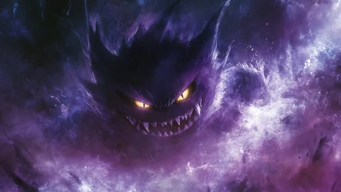 Spectral purple entity with luminous eyes in turbulent mist