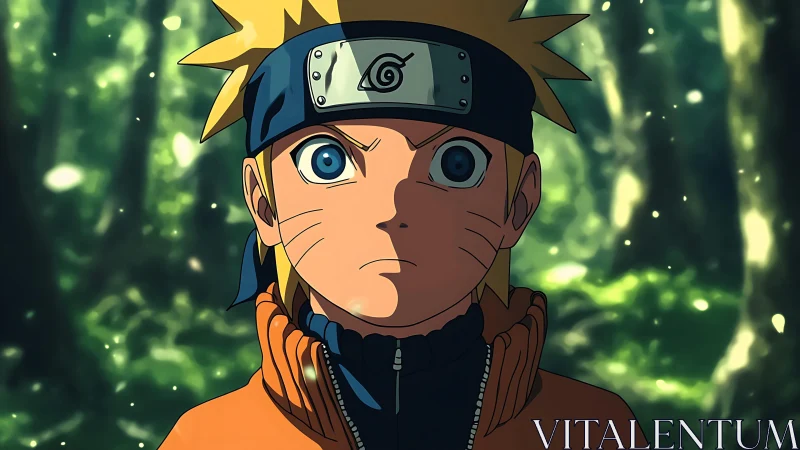 Anime portrait in forest with focused central character lighting.