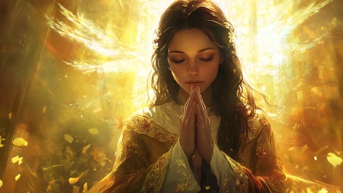 Serene woman in prayer amid golden ethereal light.