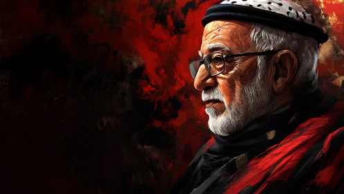 Crimson-tinged elder in contemplative digital portrait blaze.