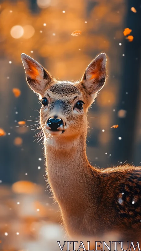 Young autumn deer gazes softly amid drifting forest light.