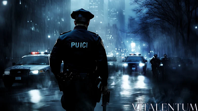 Police officer stands in wet urban street amid patrol cars