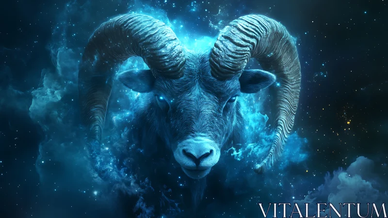 Cosmic ram spirit quietly glows in swirling blue starlight