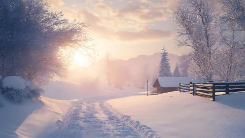 Soft winter sunrise warms a quiet snowy country lane