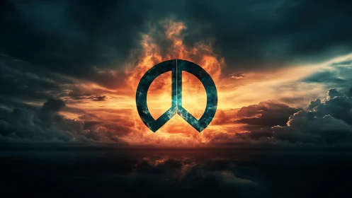 Peace symbol over fiery horizon and dark storm clouds.