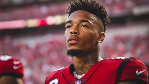 Portrait of professional football player on sideline field.