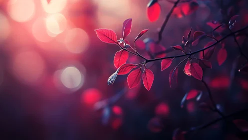 Vibrant red autumn leaves in dreamy bokeh light, nature macro style.