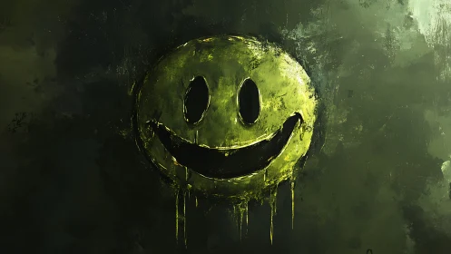 Smiley face graffiti drips against dark green abstract wall