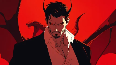 Demonic businessman stands in blazing red infernal light.