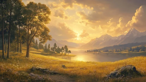 Golden hour light bathes tranquil lake and distant mountains