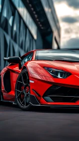 Crimson supercar poised for a confident cityside sprint.