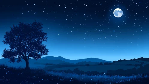 Moonlit hillside rests gently under a calm starry night sky