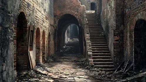 Crumbled brick alley with split stairways and archway