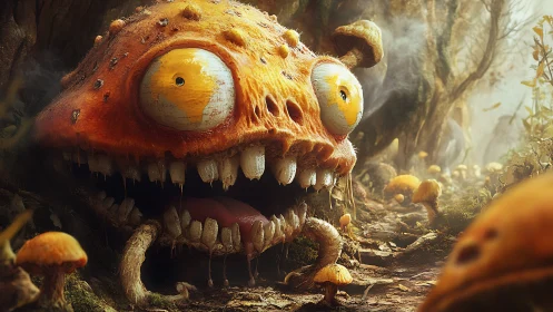 Giant orange mushroom monster with gaping mouth in forest