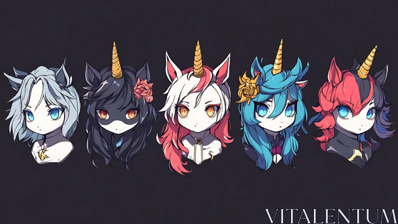 Chibi unicorn girls lineup with bold multicolor hairstyles.
