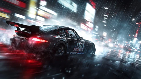 Aerodynamic GT racer slicing neon rain-slicked asphalt nightscape.