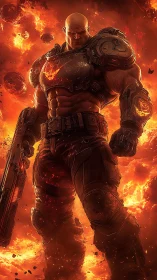 Armored space marine stands in erupting plasma-fire asteroid field
