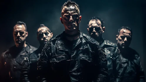 Militaristic squad emerges through dark cinematic fog.