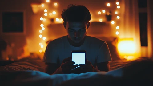 Young man lit by smartphone screen in low key bedroom lighting